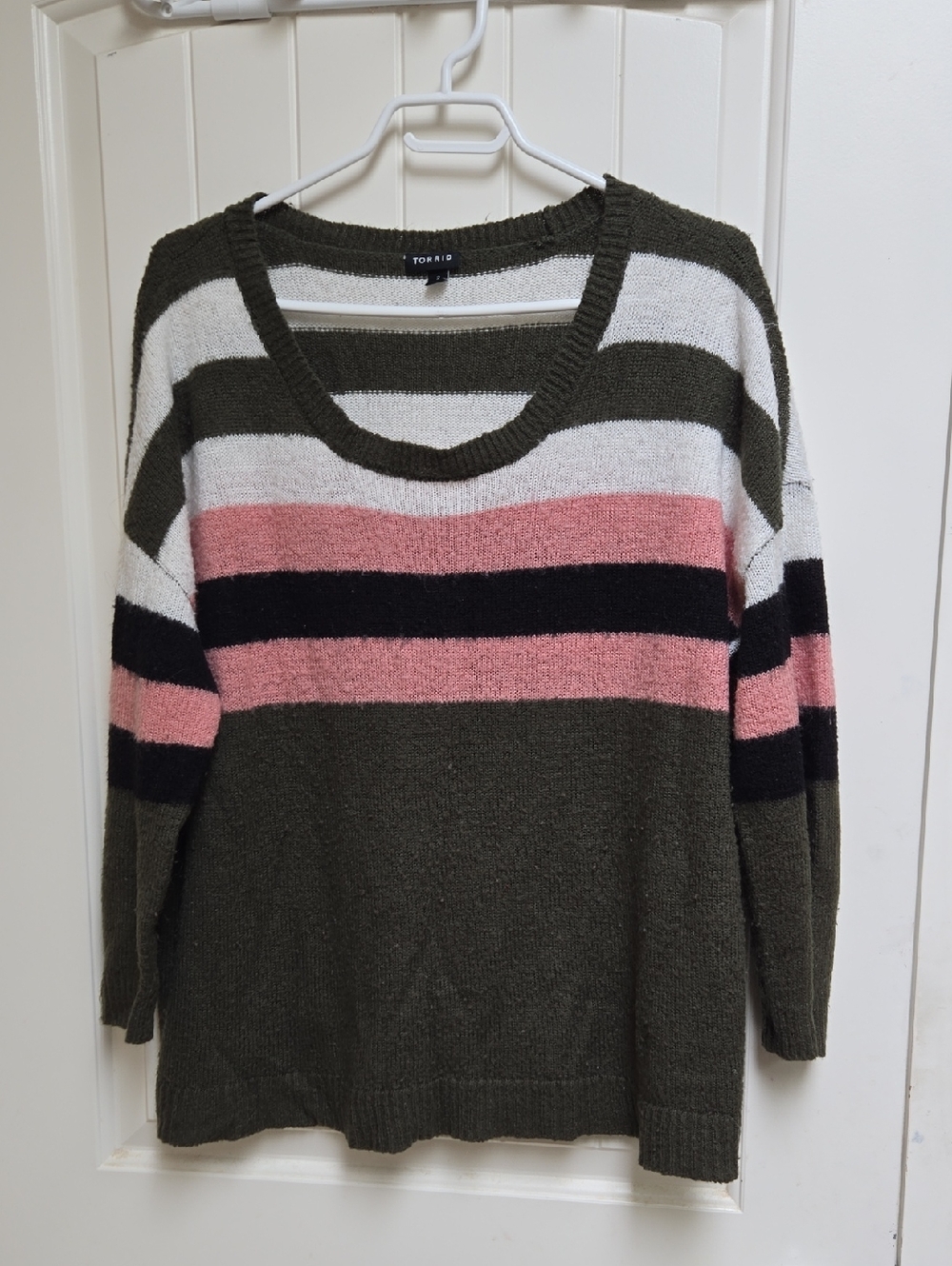 Torrid Olive, Pink & Black Striped Scoop Neck Sweater Plus Size 2x Long Sleeve